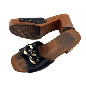 White Mountain 8M Brown Wooden Platform Sandals Black Leather Chain Detail Y2K